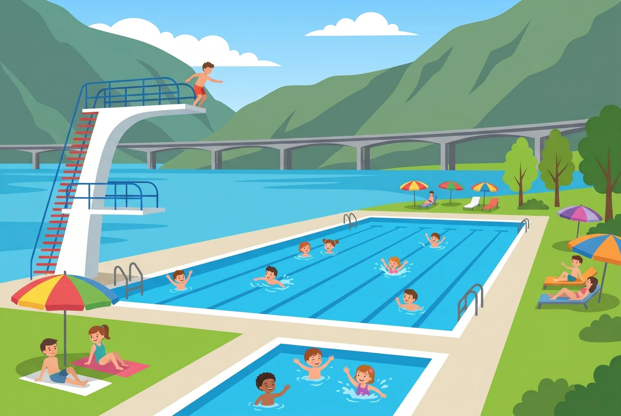 Illustration de la piscine communale Les Marines à Villeneuve : bassin olympique et pataugeoire au bord du lac Léman, plongeoir, parasols et enfants se baignant, montagnes en arrière-plan