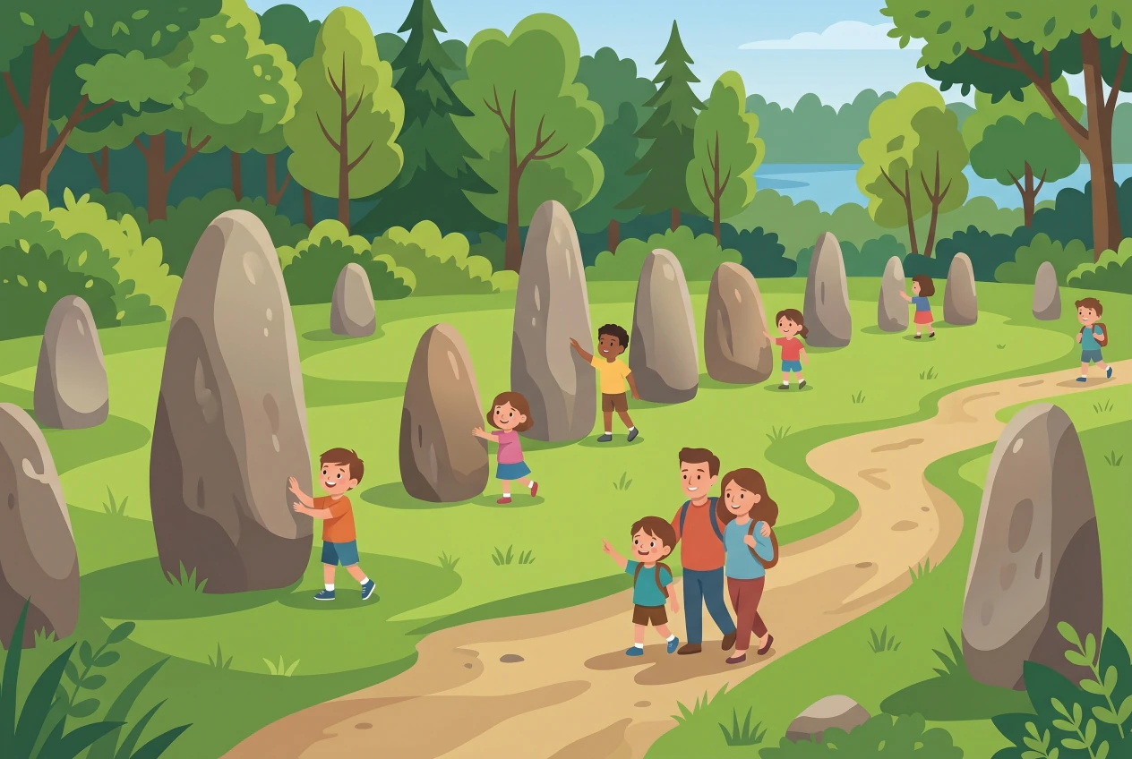 Illustration des menhirs de Clendy à Yverdon-les-Bains : alignement de grandes pierres dressées préhistoriques dans une clairière verte près du lac, avec des enfants et une famille qui les explorent