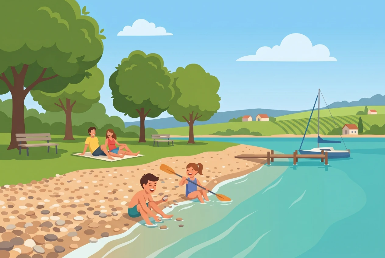 Illustration de la plage de Saint-Aubin-Sauges au bord du lac de Neuchâtel : plage de galets, pelouse ombragée, débarcadère avec voilier, collines du vignoble de la Béroche et enfants jouant au bord de l'eau