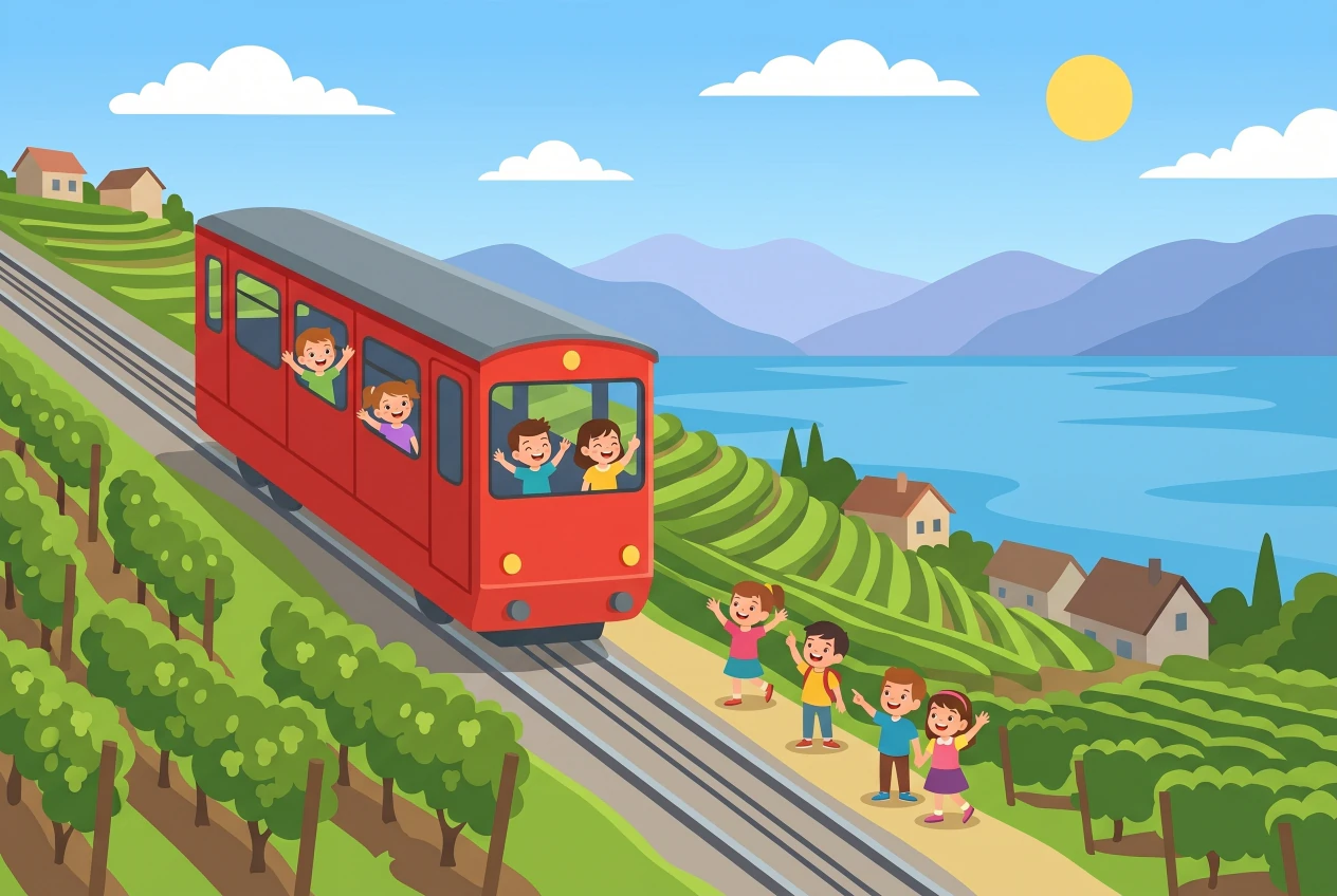 Illustration du funiculaire rouge Vevey - Mont-Pèlerin grimpant à travers les vignes en terrasses du Lavaux, avec le lac Léman et les Alpes en arrière-plan et des enfants qui saluent