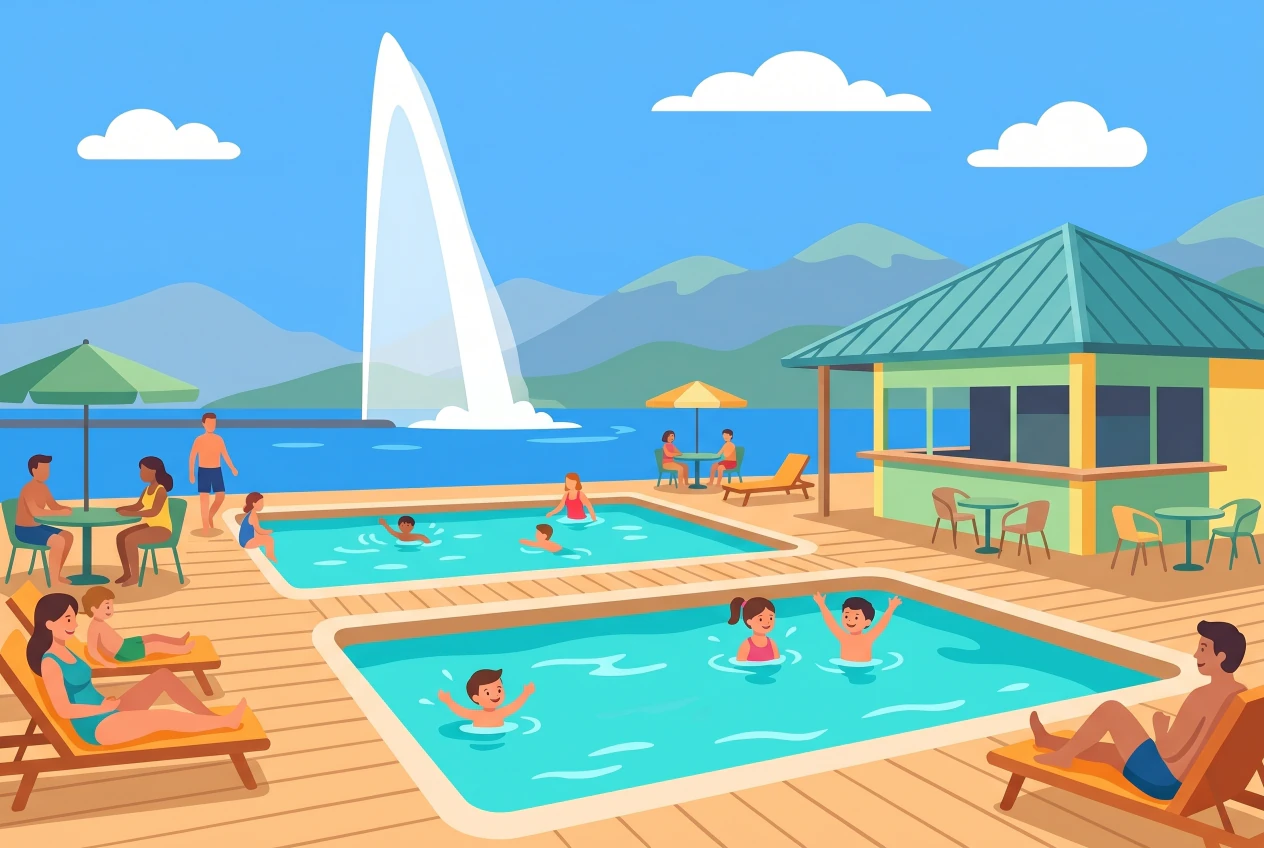 Illustration plate des Bains du Jet d'eau a Geneve: deux bassins flottants bordes de pontons en bois, des enfants et familles qui se baignent, la buvette avec terrasse et parasols, et le Jet d'eau jaillissant dans la rade.