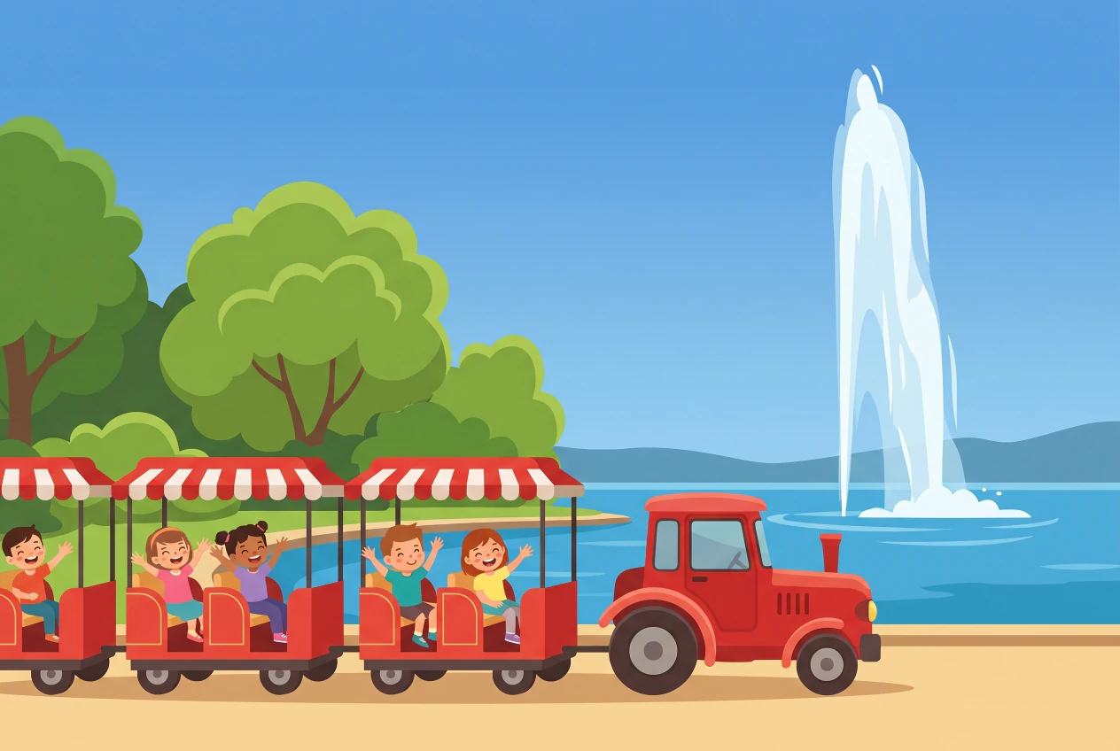Illustration du Petit Train Rive Gauche de Genève : un petit train routier rouge à wagons ouverts longe le quai au bord du lac Léman, avec des enfants joyeux et le Jet d'Eau en arrière-plan