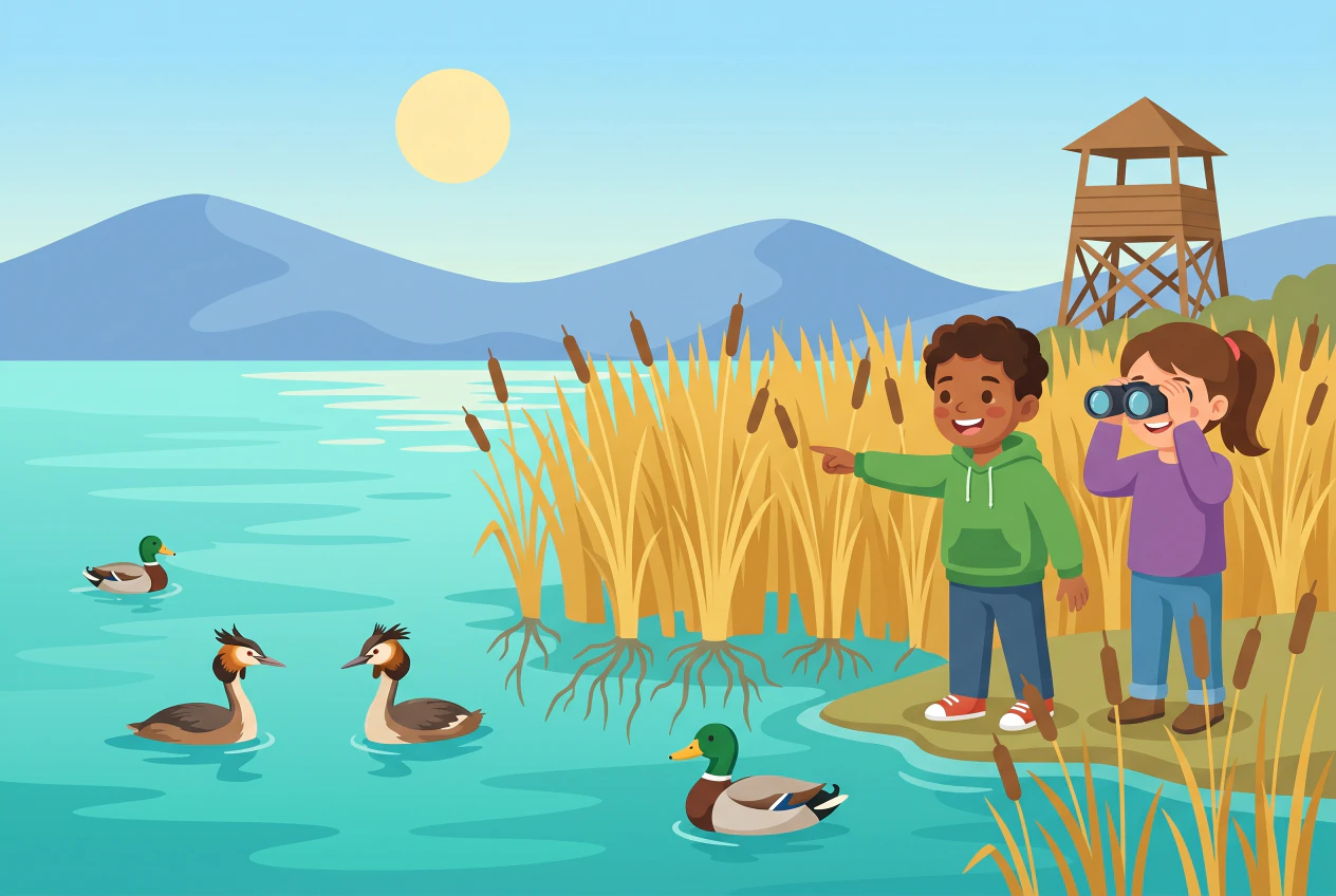 Illustration plate de la réserve naturelle de la Pointe à la Bise au bord du lac Léman : deux enfants avec des jumelles observent des grèbes et des canards dans la roselière, avec une tour d'observation en bois et les montagnes en arrière-plan.