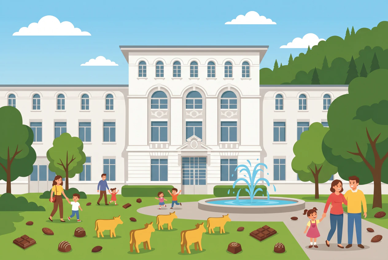 Illustration de la Maison Cailler à Broc : la grande façade blanche de la chocolaterie, sa fontaine et son jardin avec des silhouettes de vaches, où se promènent des familles parmi des chocolats stylisés.