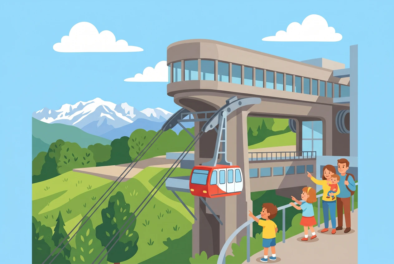 Illustration plate du Téléphérique du Salève: la cabine rouge arrive à la station moderniste au sommet, avec une famille qui admire la vue sur les Alpes et le lac Léman