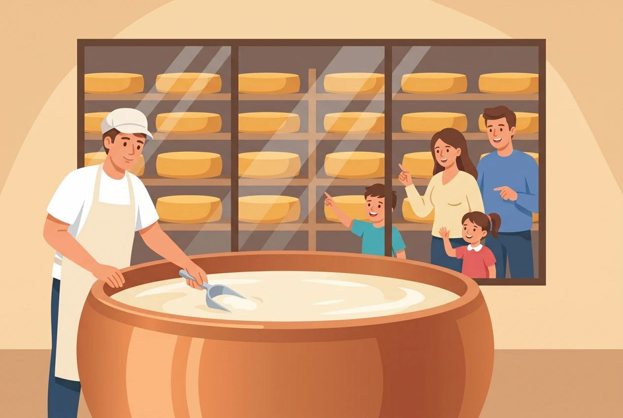 Illustration de La Maison du Gruyère à Pringy : un fromager travaille le lait dans une grande cuve de cuivre, des meules de Gruyère dorées sont empilées dans la cave derrière une vitre, et une famille observe la fabrication avec curiosité.