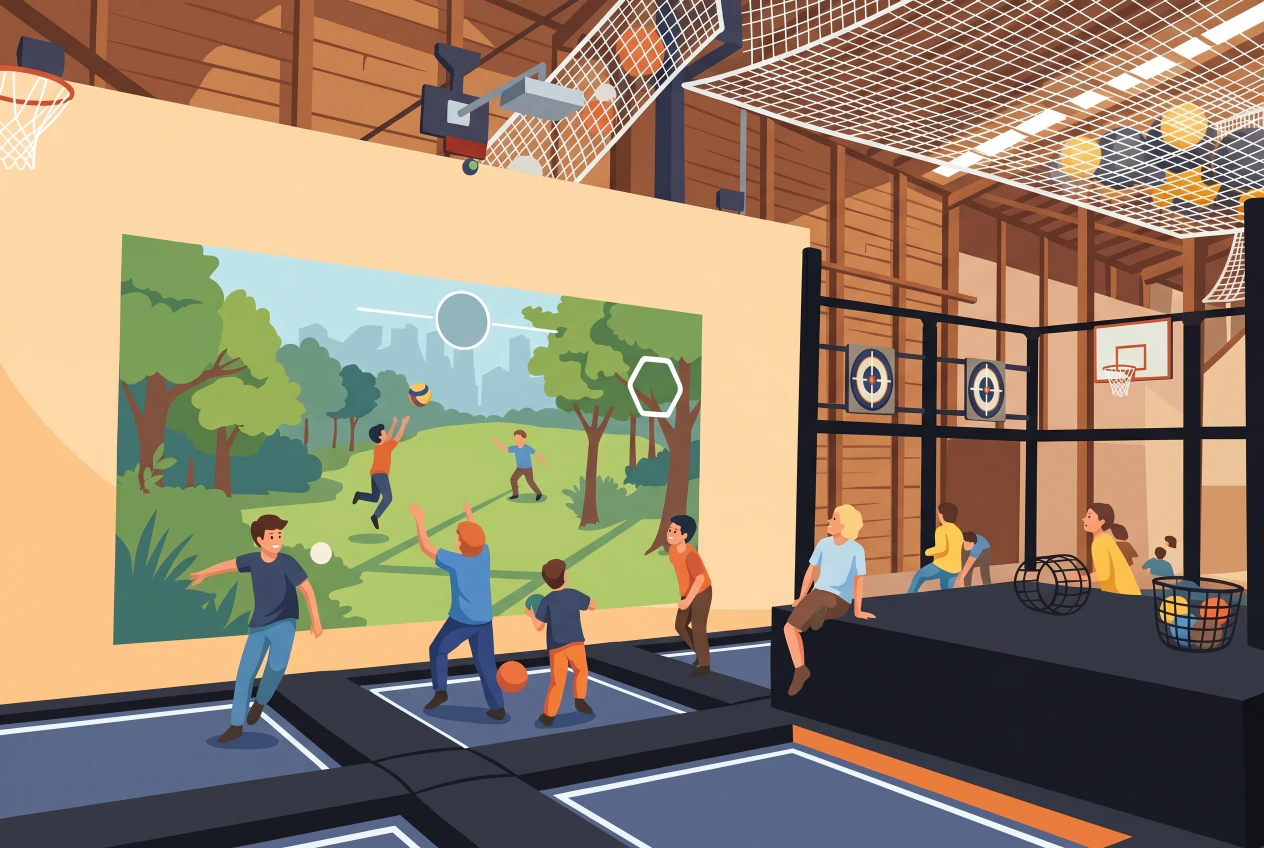 Illustration plate du parc de trampolines couvert AIRLOOP a Grand-Lancy: grande halle industrielle avec charpente en bois, grille de trampolines, mur de projection, paniers de basket et enfants qui sautent et jouent au ballon prisonnier.