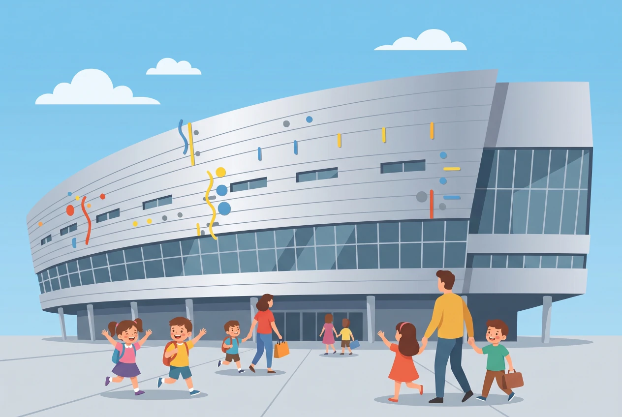 Illustration plate de la Geneva Arena au Grand-Saconnex, sa grande façade incurvée argentée et des familles se rendant à un spectacle