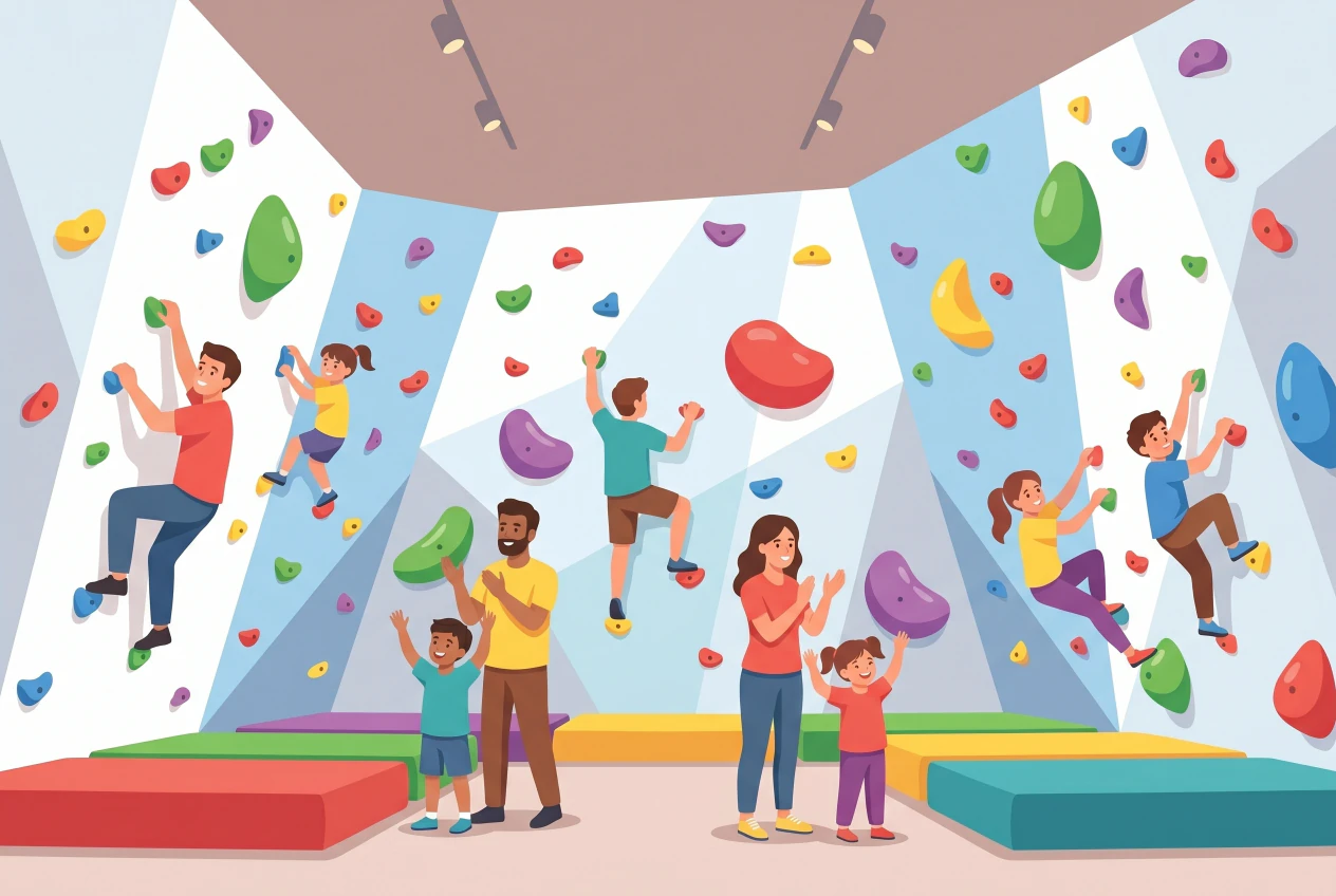 Illustration de la salle de bloc Totem Escalade Versoix : grands murs d'escalade inclines avec prises colorees, gros tapis de reception et enfants qui grimpent en famille