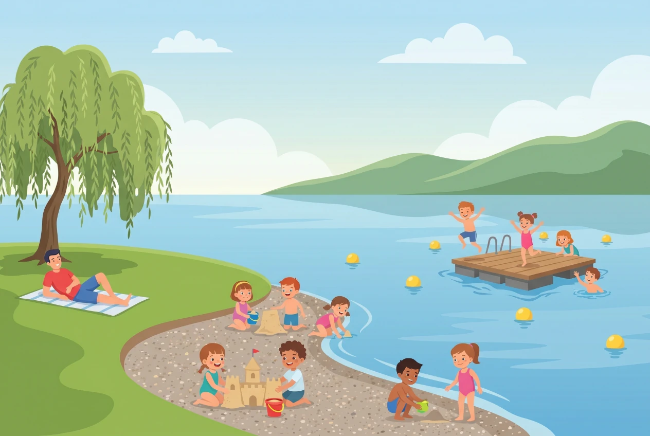 Illustration de la plage de la Falaise à Gland: des enfants se baignent près d'un radeau en bois sur le lac Léman, construisent un château de sable sur la grève et jouent sur la pelouse ombragée par un saule.