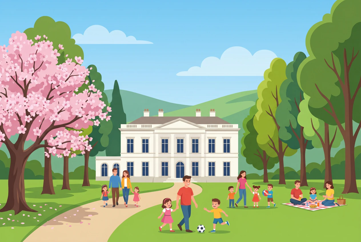 Illustration plate du Manoir de Ban de Chaplin's World, manoir néoclassique blanc dans son grand parc arboré avec cerisier en fleurs et familles jouant sur la pelouse