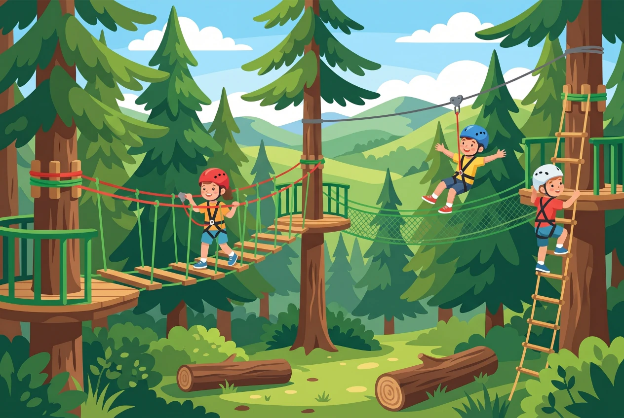 Illustration de Charmey Aventures : des enfants harnachés et casqués franchissent ponts de singe, échelles de corde et tyrolienne entre les sapins du parc accrobranche, avec les Préalpes fribourgeoises en fond.