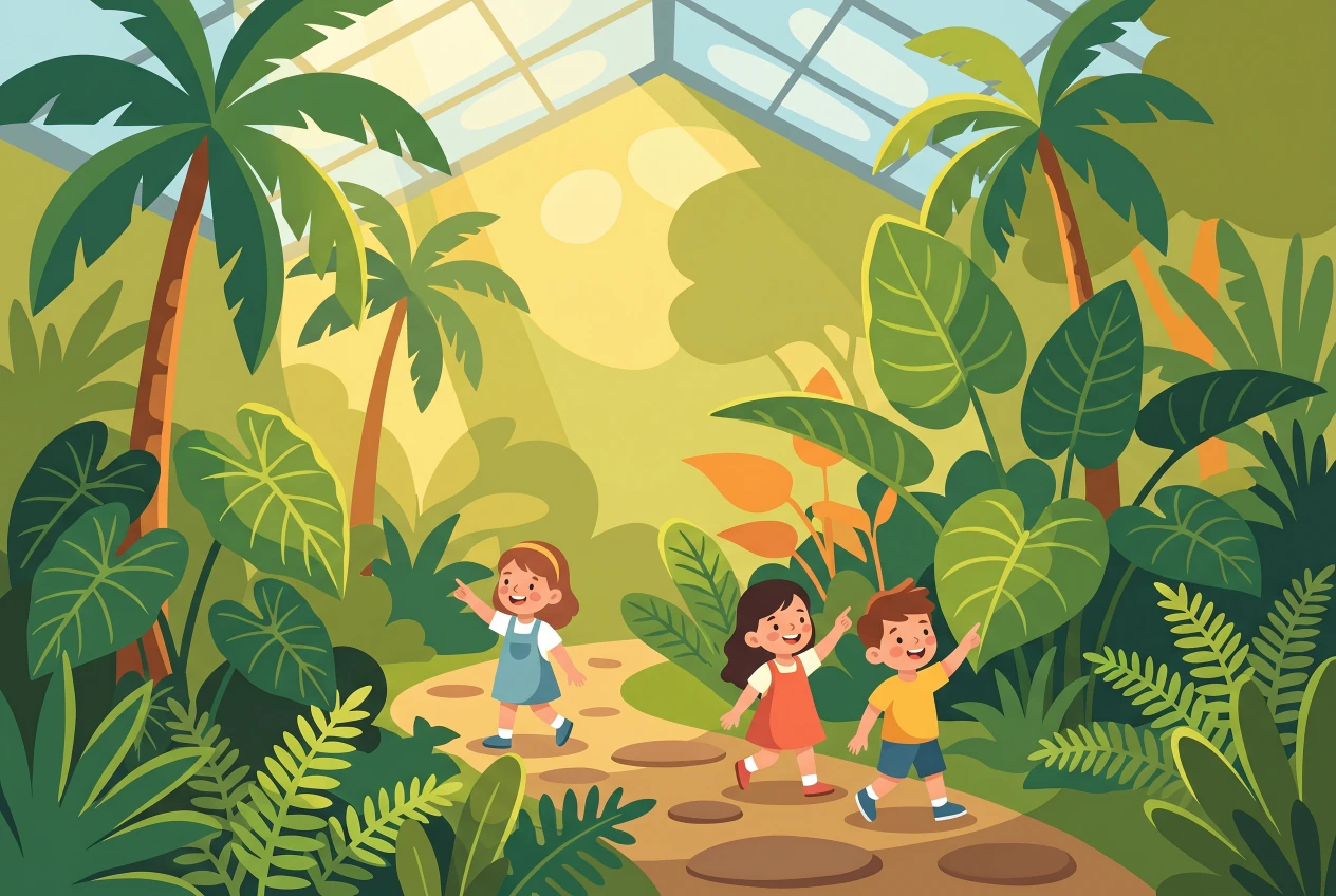 Illustration des serres tropicales du Jardin botanique de Genève avec des enfants qui découvrent les plantes exotiques