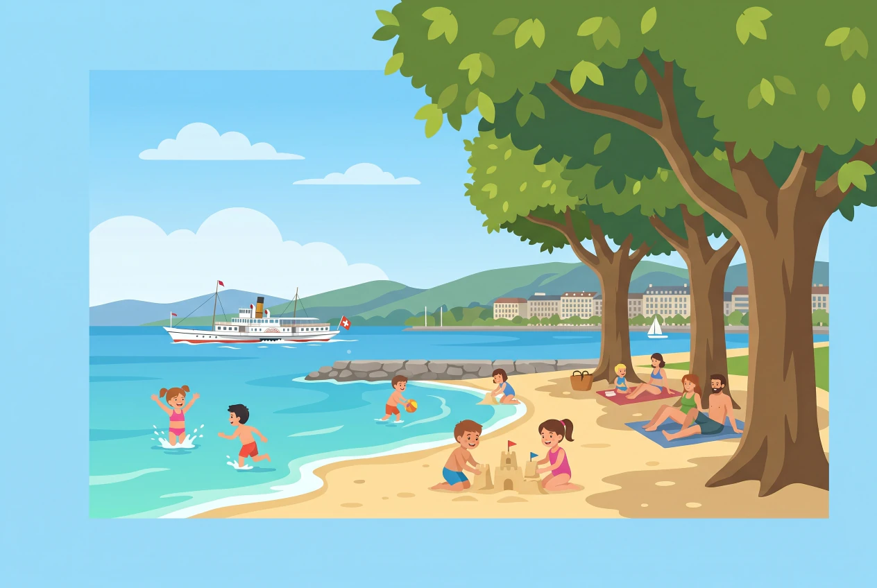 Illustration plate de Baby-Plage à Genève: petite plage de sable au bord du Léman, eau peu profonde, grand platane ombragé, jetée et bateau CGN sur le lac, enfants jouant dans le sable et dans l'eau