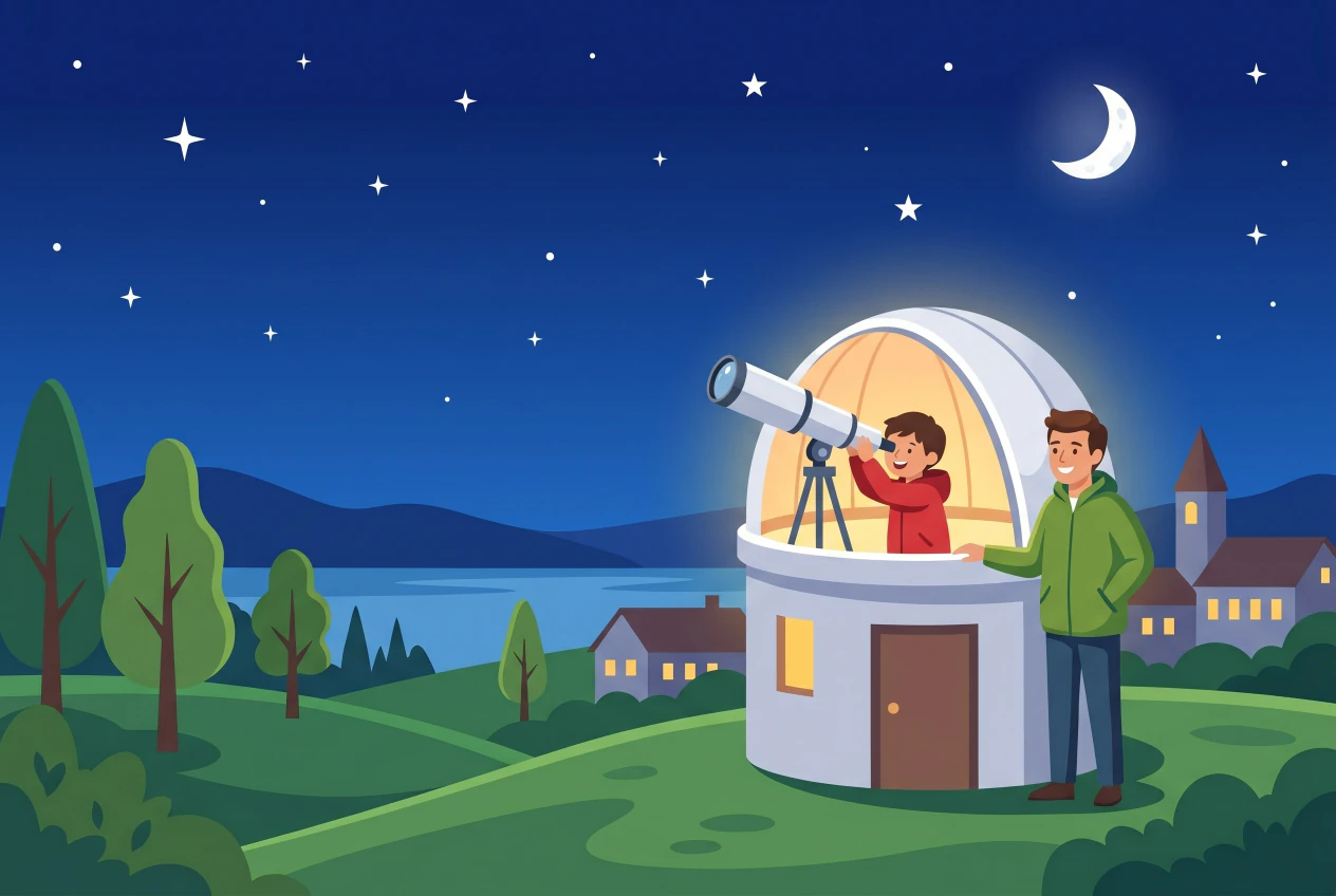 Illustration plate de observatoire de Morges la nuit, un enfant au telescope