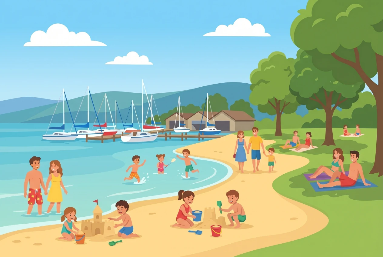 Illustration de la plage de Chevroux au bord du lac de Neuchâtel, plage de sable et port