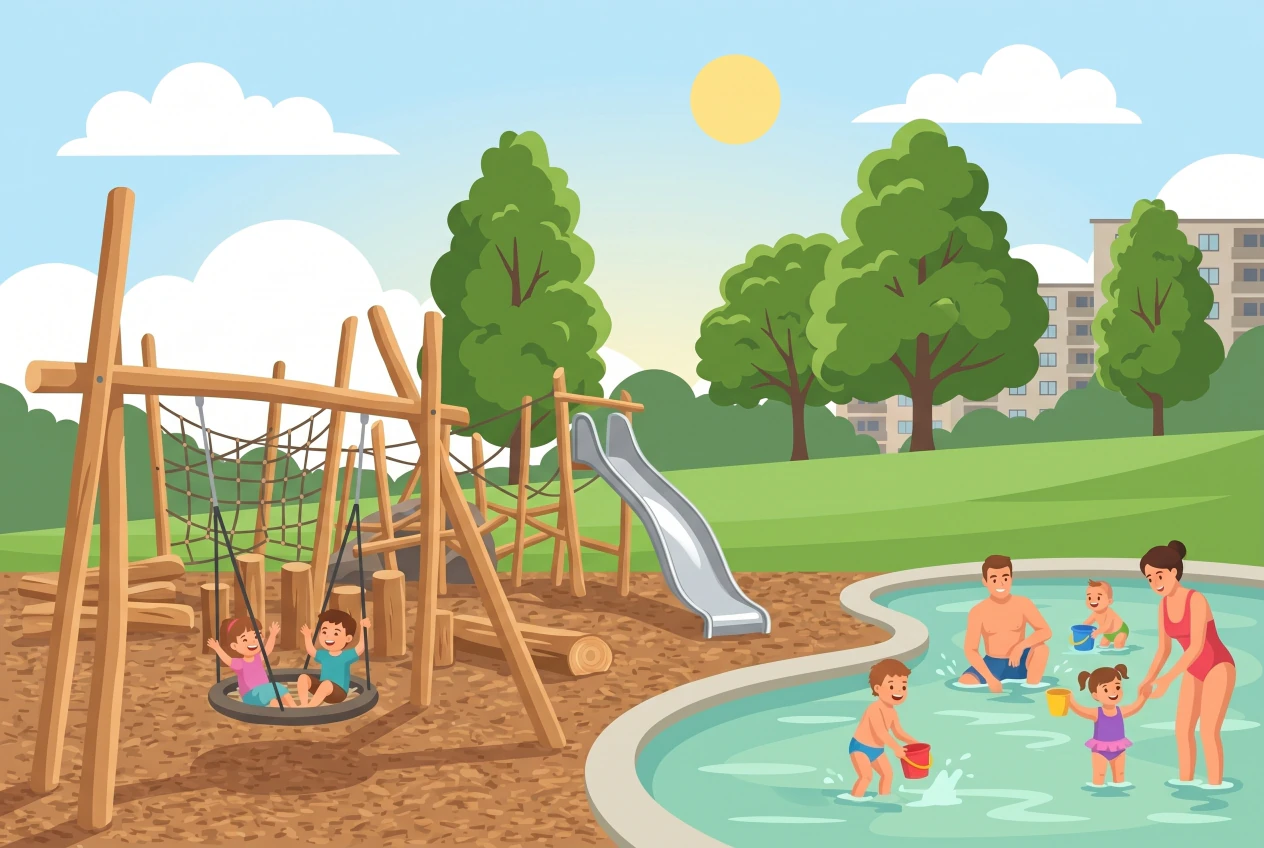 Illustration de la place de jeux et pataugeoire du Parc Trembley à Genève