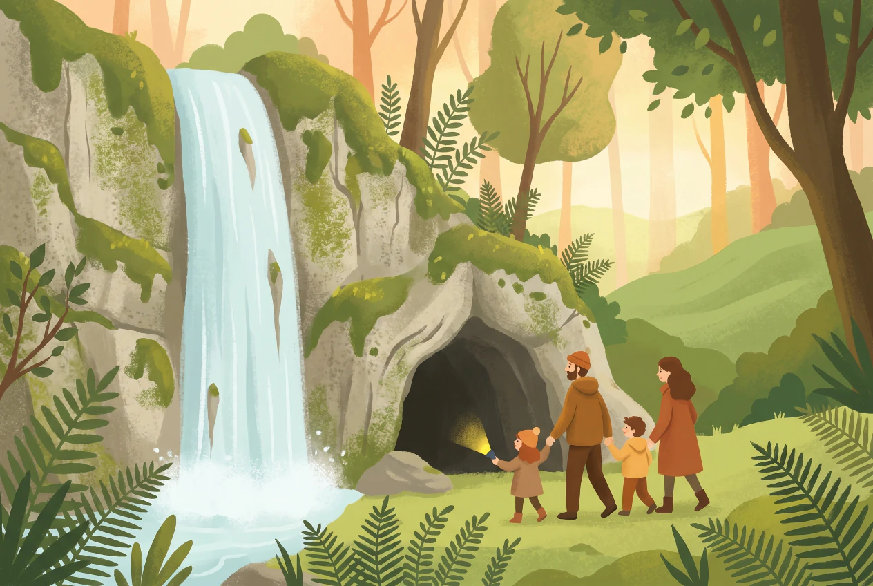 Illustration de la cascade de Môtiers et sa grotte au Val-de-Travers : chute sur paroi calcaire, famille explorant l'entrée de la grotte
