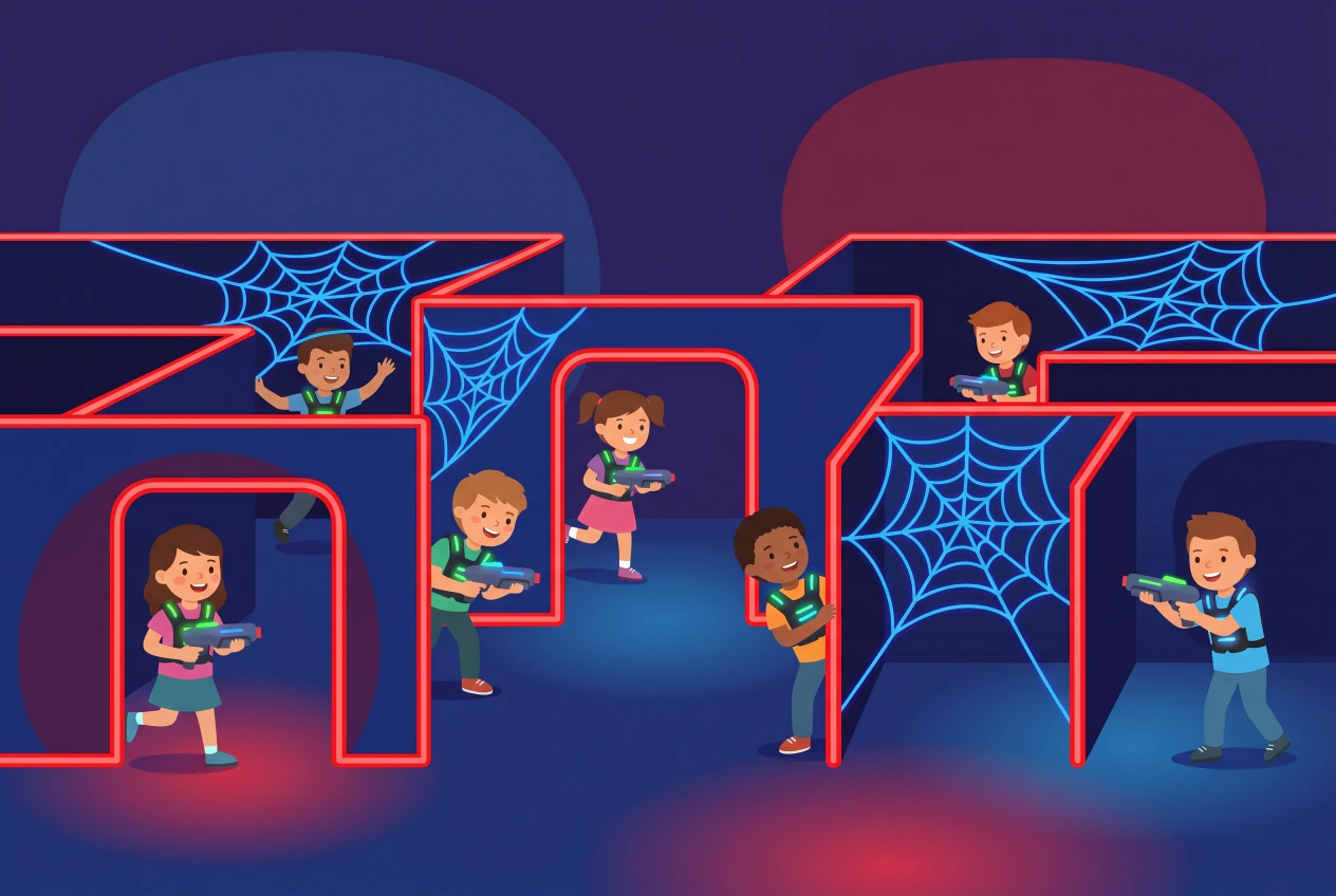 Illustration plate du Laser Game Genève : des enfants joyeux en gilets lumineux jouent au laser dans un labyrinthe sombre aux murs néon rouges et toiles d'araignée fluo bleues