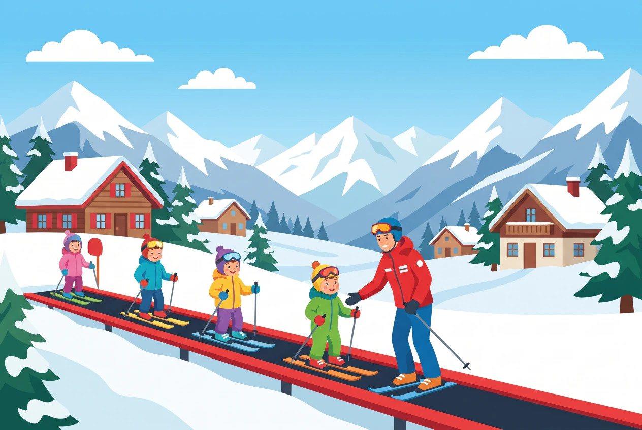 Illustration plate du jardin des neiges d'Anzere, tout-petits apprenant a skier sur une pente douce en hiver