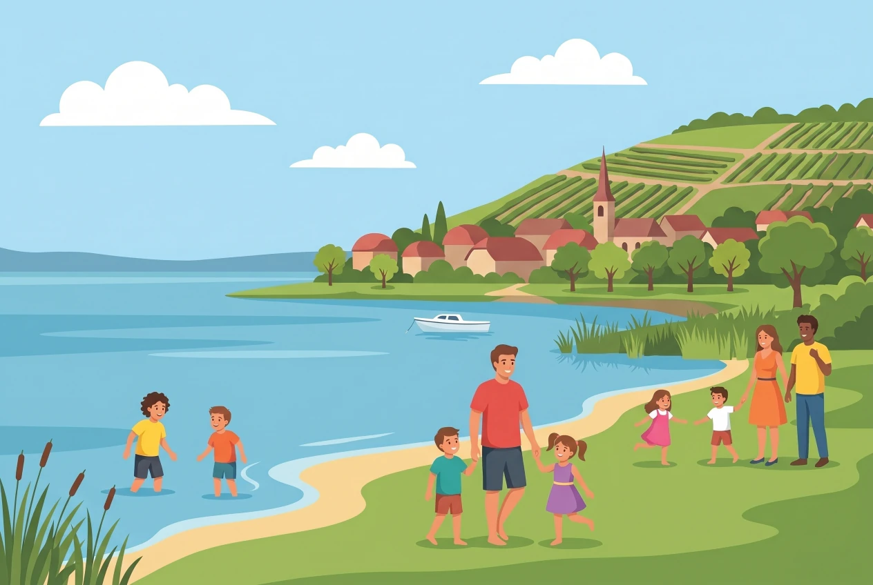 Illustration of the beach of Môtier by Lake Murten, vineyard of Vully