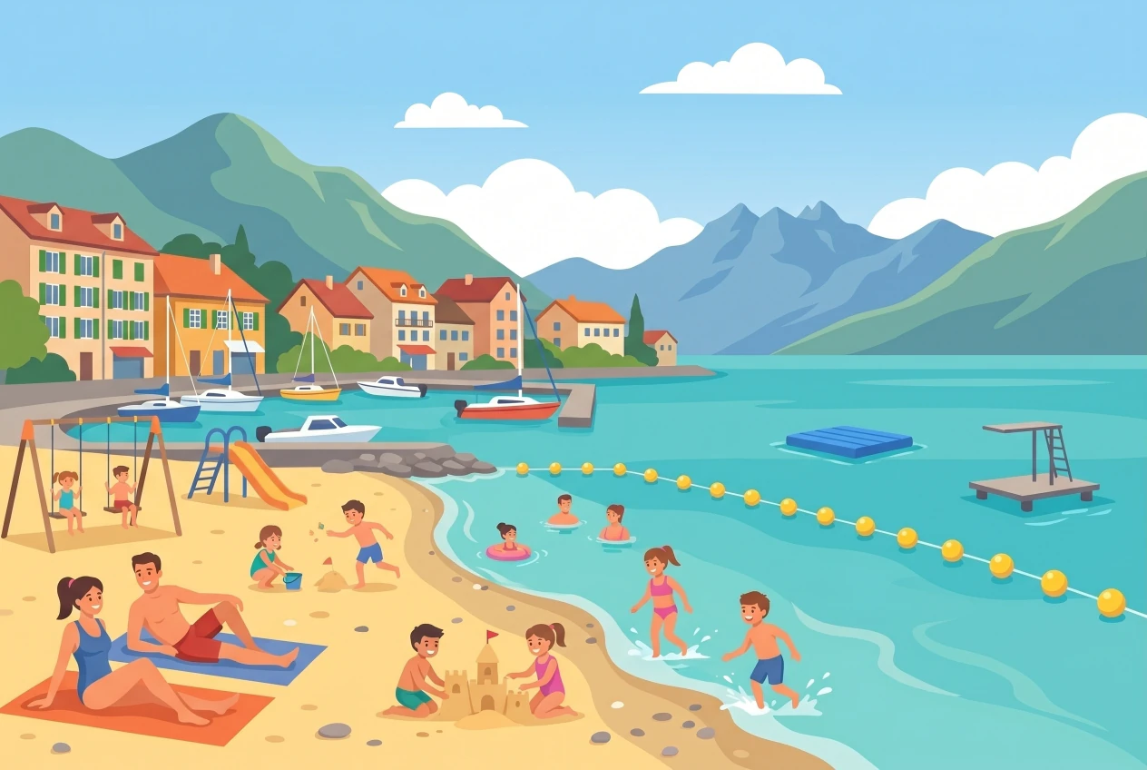Illustration of the beach of Bâtiaz in Saint-Gingolph on the shores of Lake Geneva with the mountains.