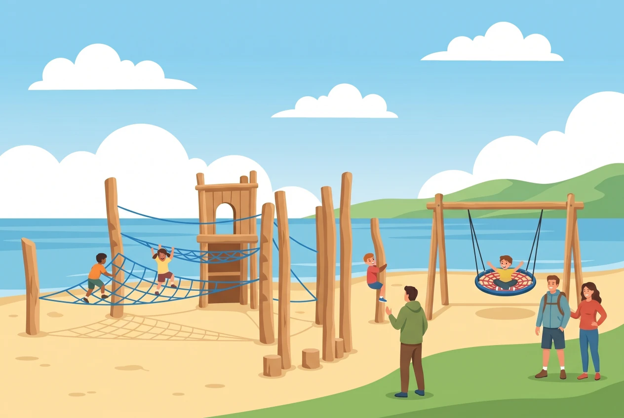 Illustration de la place de jeux du Parc des Rives à Yverdon-les-Bains au bord du lac