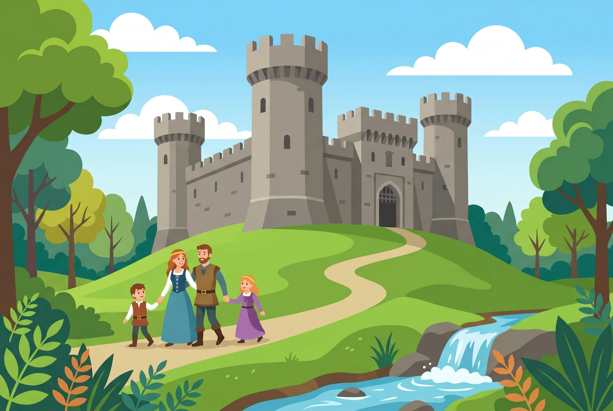 Illustration plate de Chateau de La Sarraz, forteresse medievale avec une famille entrant