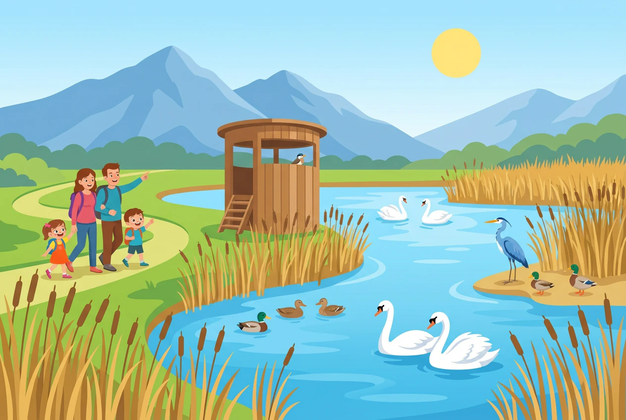 Illustration plate de la réserve naturelle des Grangettes à Noville : roselières dorées au bord du Léman, cygnes, canards et héron sur l'eau, tour d'observation en bois, et une famille avec enfants qui observe les oiseaux, les Alpes en arrière-plan