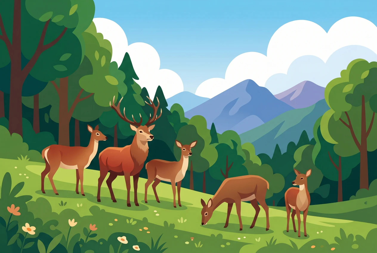 Illustration du parc à biches de Leysin : un troupeau de biches et un cerf en liberté sur une prairie en lisière de forêt alpine, montagnes des Alpes vaudoises en fond