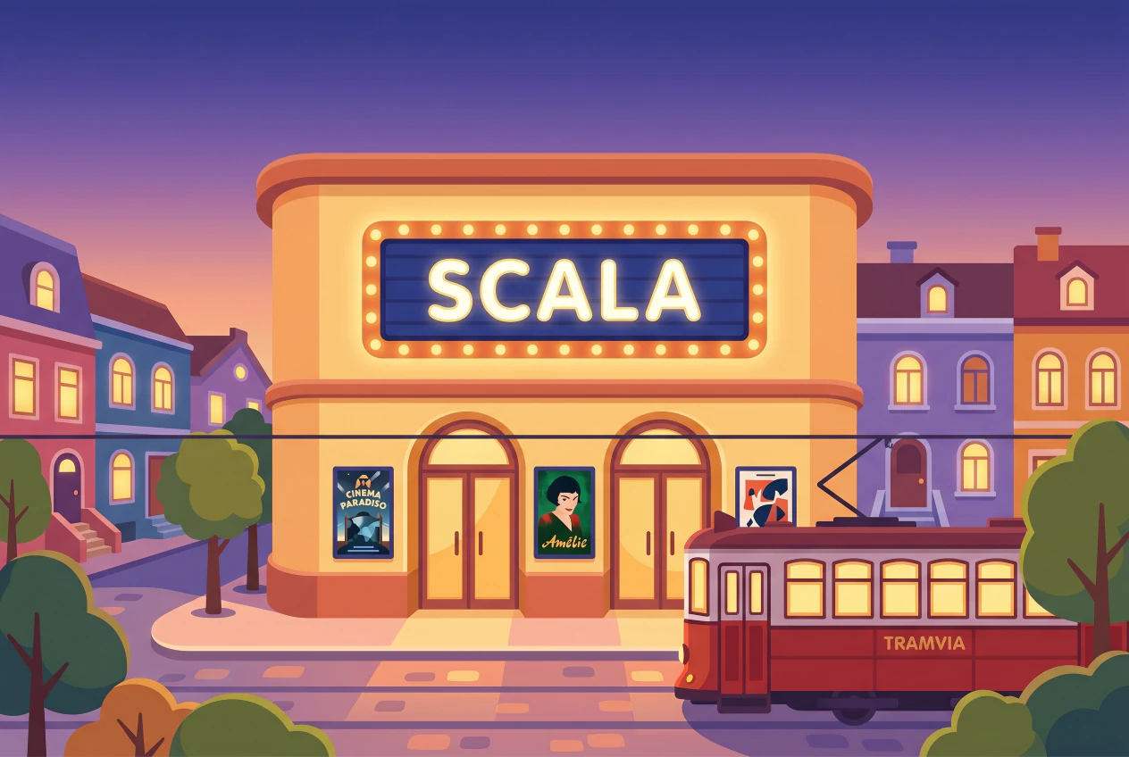Illustration de la facade du cinema Les Scala a Geneve, enseigne lumineuse SCALA, affiches et tram aux Eaux-Vives au crepuscule