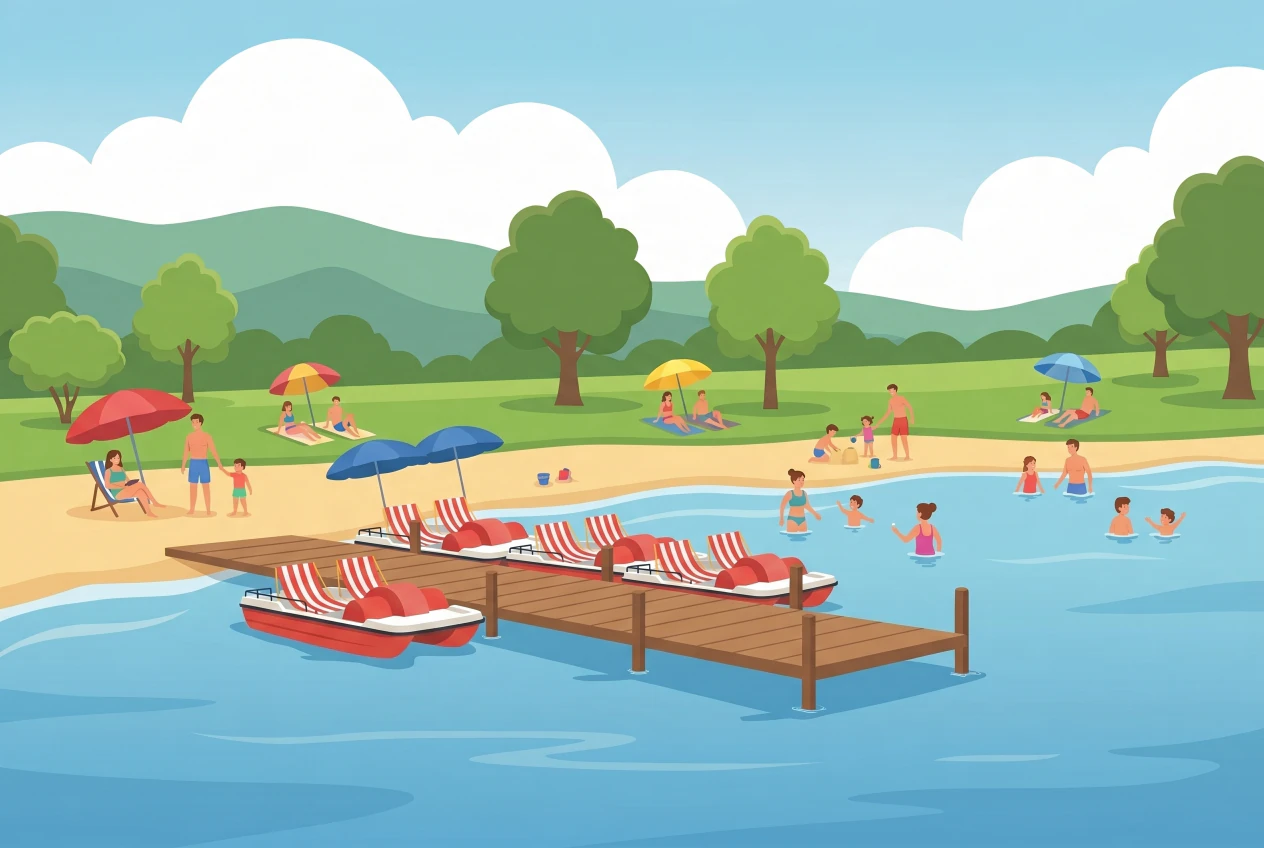 Illustration de la plage de Rolle au bord du Léman : plage de sable et parc verdoyant, pédalos rayés rouge et blanc le long d'un ponton, familles et enfants qui se baignent.
