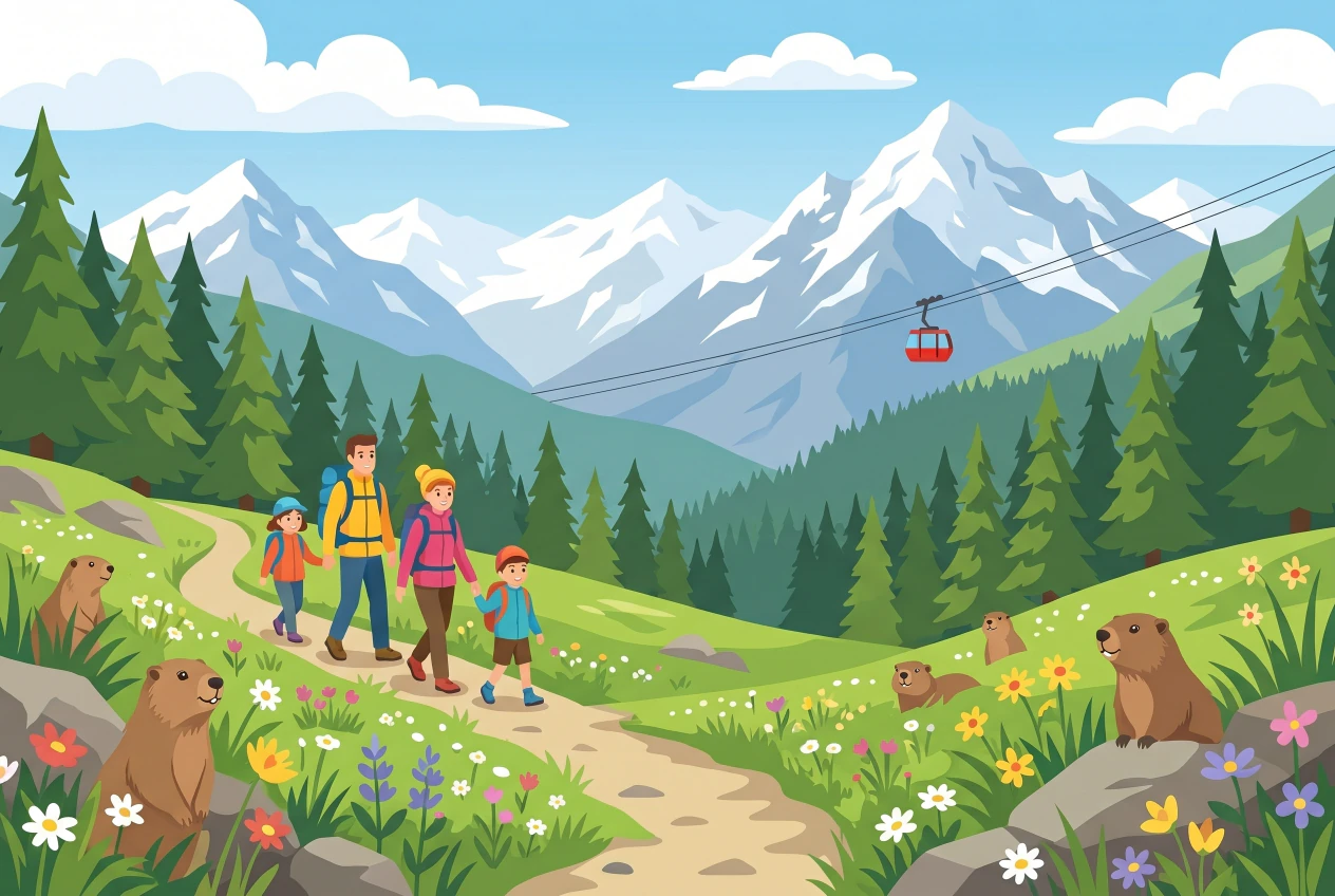 Illustration plate du Sentier des Marmottes a Vercorin, une famille descendant un sentier alpin parmi les marmottes au pied des Alpes valaisannes