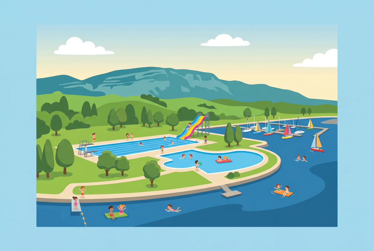 Illustration of Genève-Plage in Cologny: outdoor swimming pools, slide and diving board on the lawn by Lake Geneva, with marina, rafts, and children swimming, Salève mountain in the background.