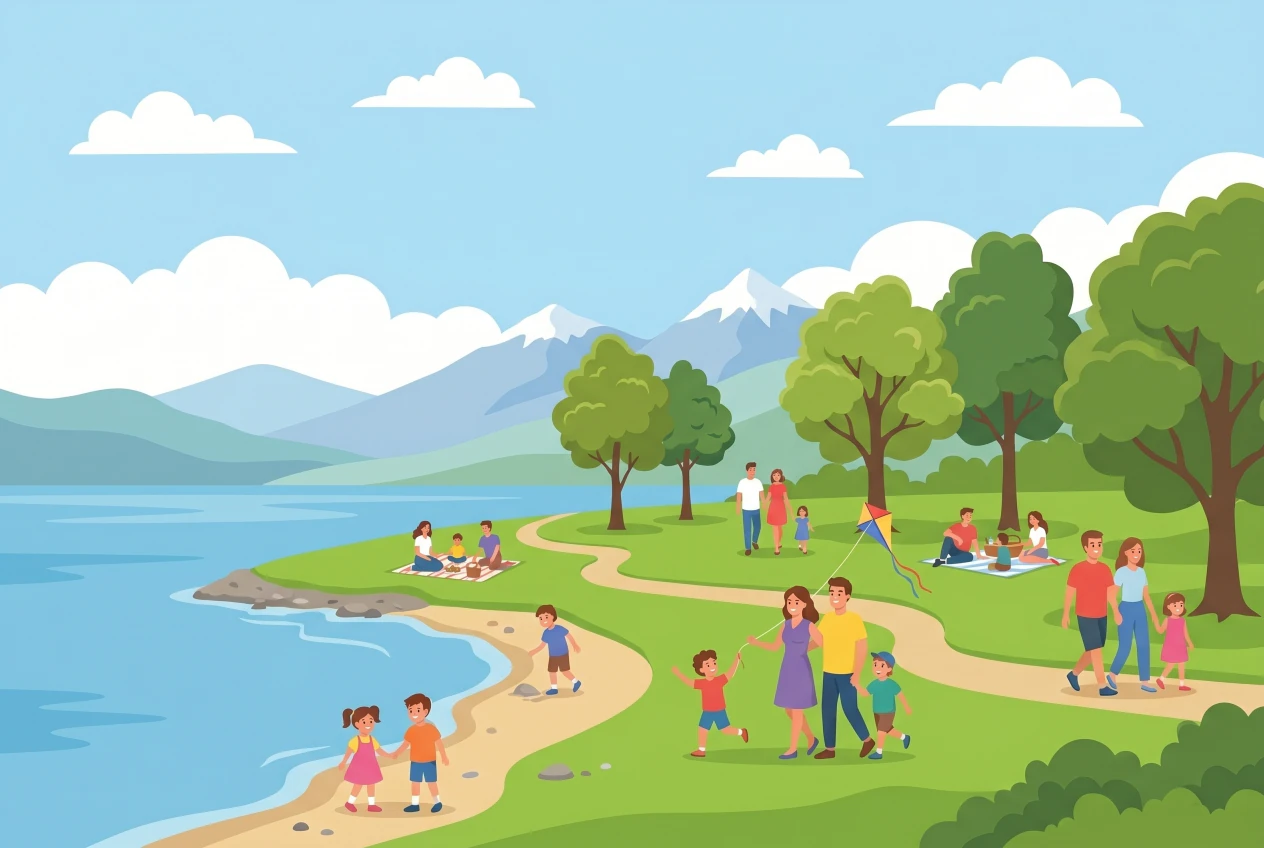 Illustration de la plage des Falaises à Neuchâtel, pelouses au bord du lac avec vue sur les Alpes