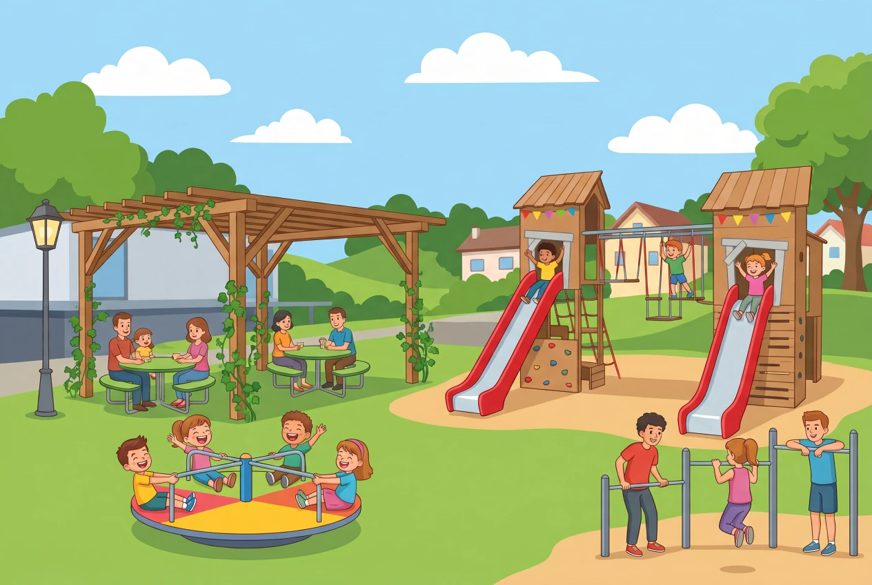 Illustration de la place de jeux et zone de street workout de Céligny : structure de jeux en bois avec toboggans rouges, pergola, tables de pique-nique, manège et agrès de fitness, avec enfants qui jouent.