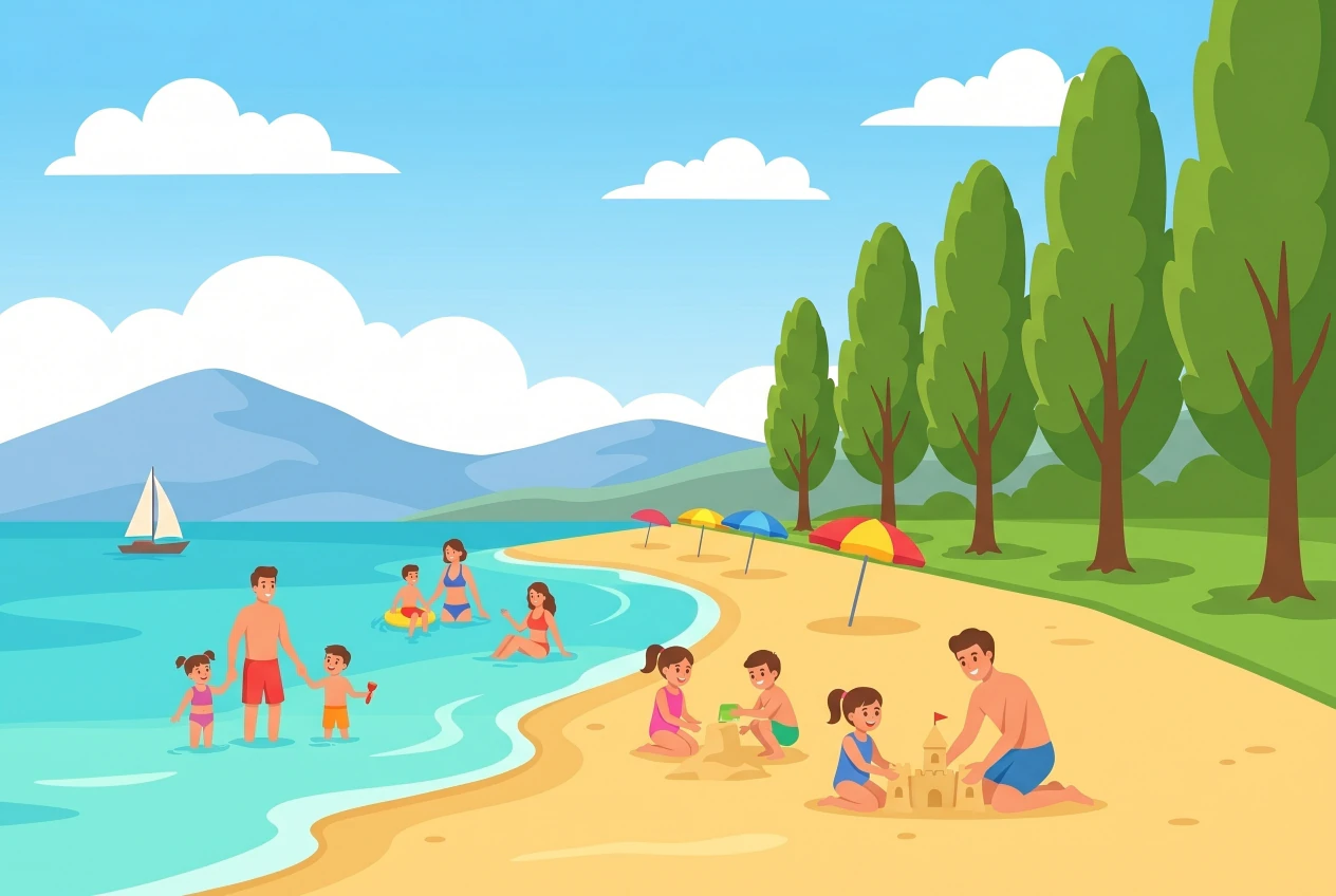 Illustration de la plage de sable de Préverenges au bord du lac Léman : enfants construisant des châteaux de sable et familles se baignant dans l'eau peu profonde, pelouse et rangée de peupliers, voilier, montagnes au loin sous un ciel bleu