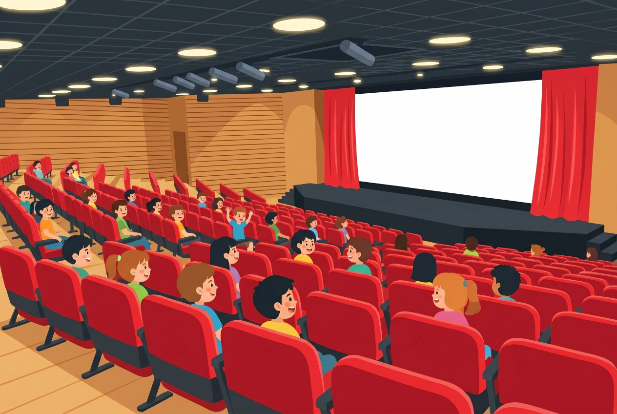 Salle de CinéVersoix dans l'Aula des Colombières: rangées de fauteuils rouges, grand écran encadré de rideaux rouges et enfants installés pour une séance