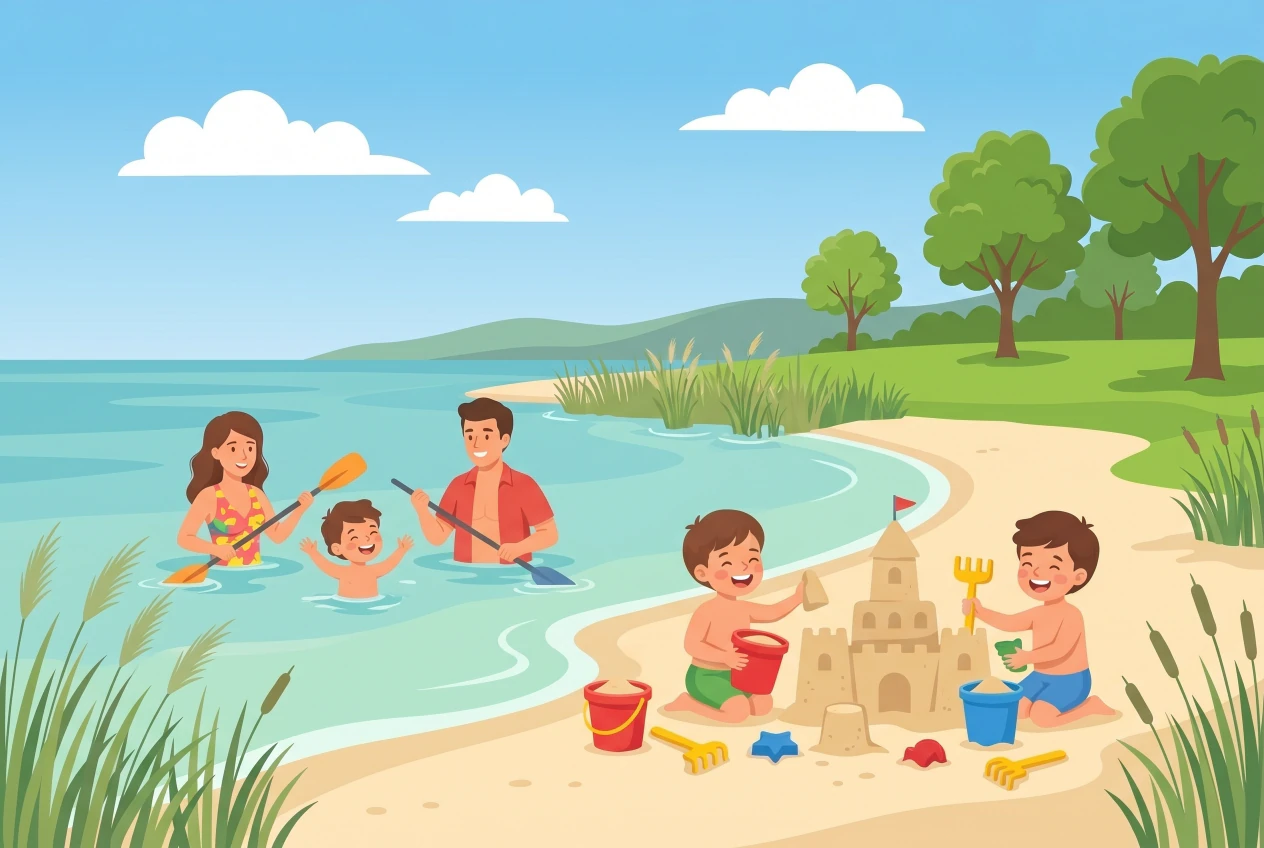 Illustration of the beach of Cheyres by Lake Neuchâtel, gently sloping sandy beach