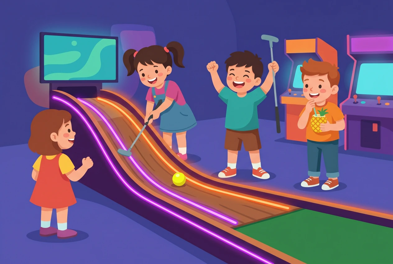 Illustration plate d'enfants jouant au mini-golf interactif Swing à Genève, sur une piste de putting en bois illuminée de néons violets et orange, avec bornes d'arcade et écran lumineux