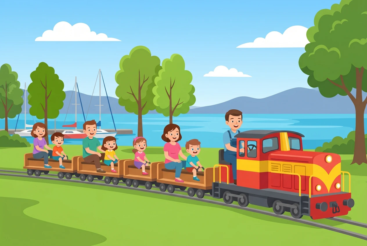Illustration du Mini-Train de Pully : une petite locomotive miniature rouge et jaune tire des wagons sur lesquels des enfants et des parents sont assis à califourchon, sur la pelouse du port, avec les voiliers de la marina et le lac Léman en arrière-plan
