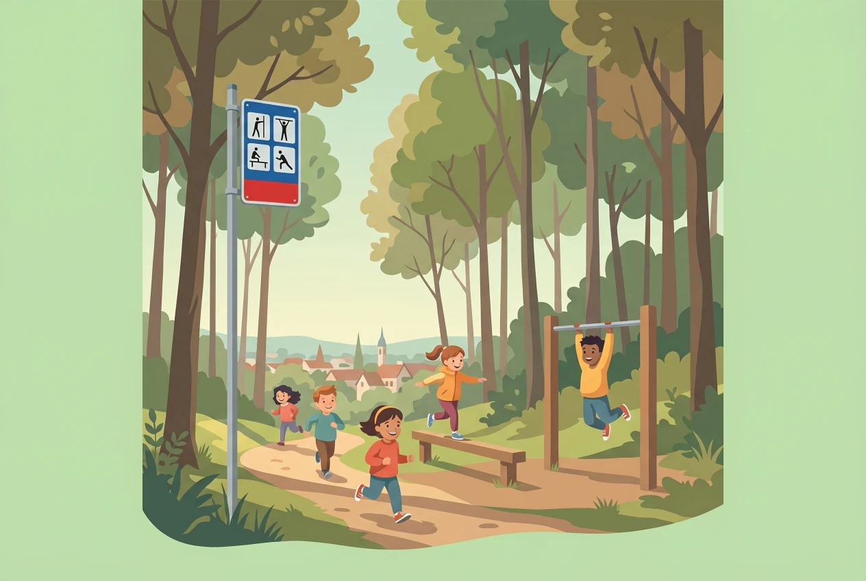 Parcours Vita de Carouge: panneau bleu et rouge de station d'exercices et enfants qui courent, s'equilibrent et se suspendent a une barre dans la foret de Pinchat.