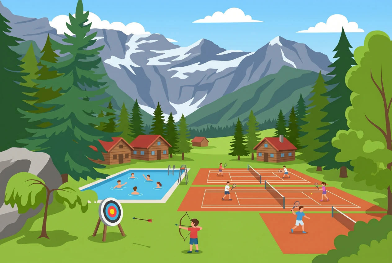 Illustration du Parc des Sports des Diablerets : piscine extérieure, courts de tennis en terre battue, tir à l'arc et chalets sur prairie au pied des sommets enneigés des Diablerets
