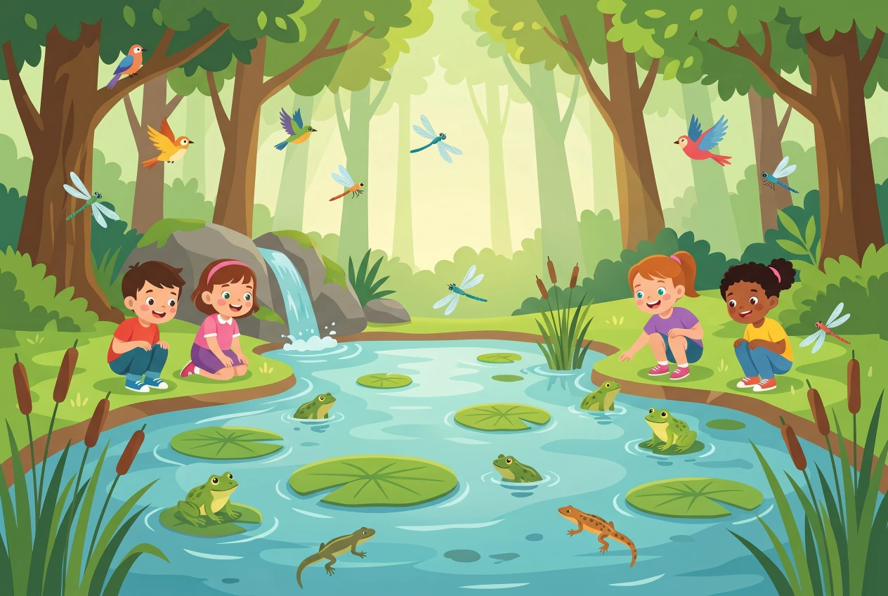 Illustration plate de Etang du Sepey pres de Cossonay, enfants observant grenouilles et tritons au bord de l'eau
