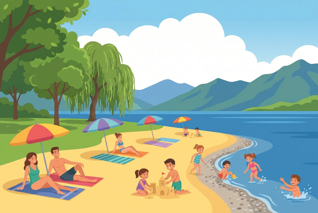 Illustration of Pierrier Beach in Clarens-Montreux on the shores of Lake Geneva