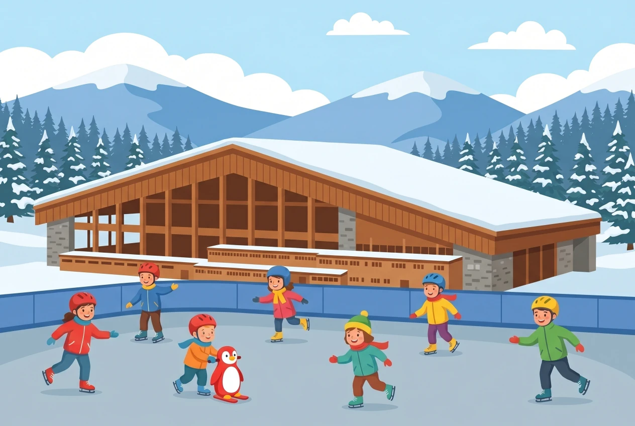 Illustration de la patinoire de Leysin : enfants casqués qui patinent sur la glace devant le grand bâtiment en bois du centre sportif, forêt enneigée et Alpes vaudoises en fond