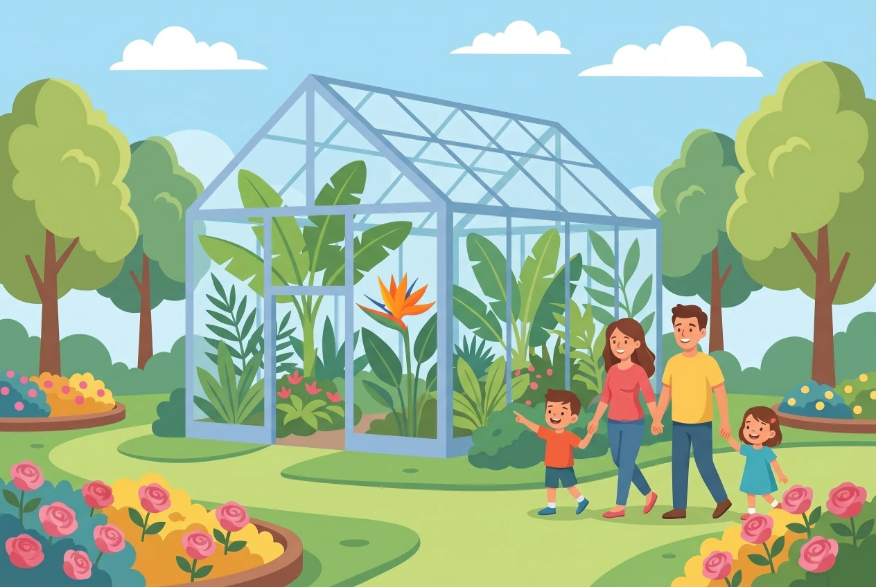 Tropical glass greenhouse and flower beds of the Neuchâtel Botanical Garden, a family is strolling there.