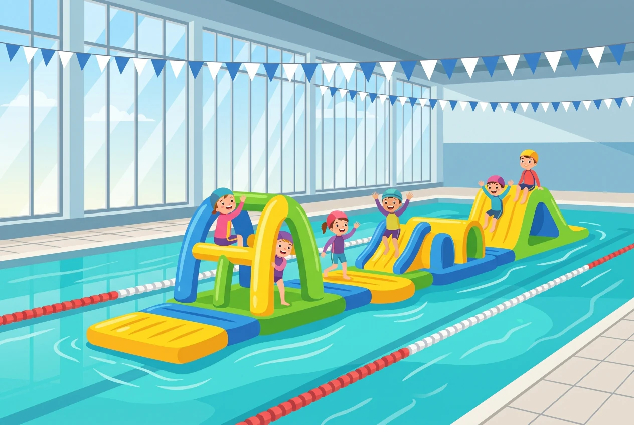 Illustration de la piscine couverte de Leysin : bassin de 25 m avec lignes d'eau, grand parcours aquatique gonflable jaune, bleu et vert, enfants qui grimpent et glissent, halle vitrée