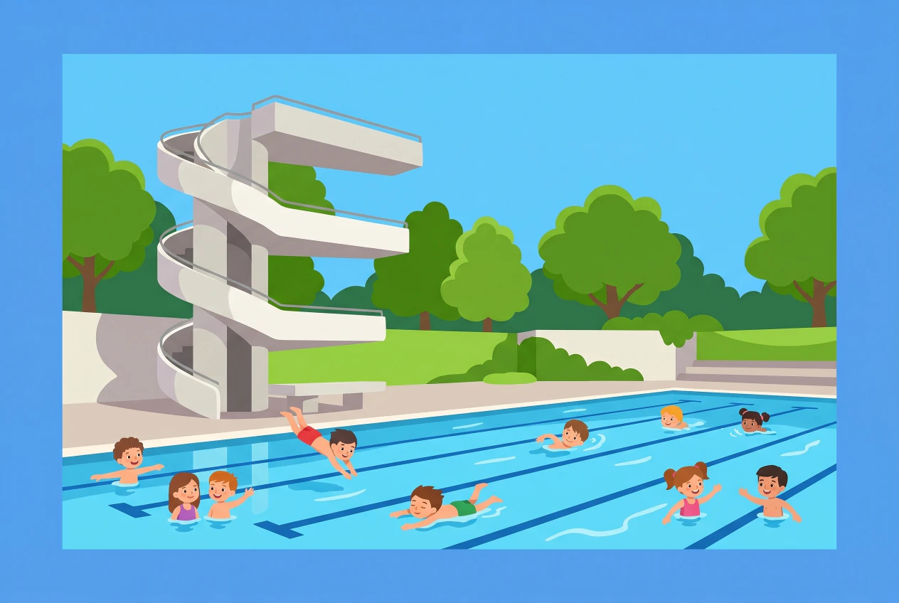 Illustration plate de la Piscine de Marignac au Grand-Lancy: la grande tour de plongeoir en beton en spirale a cote du bassin olympique de 50 m avec ses lignes d'eau, des enfants qui nagent et plongent, entoures de pelouses et d'arbres sous un ciel bleu.