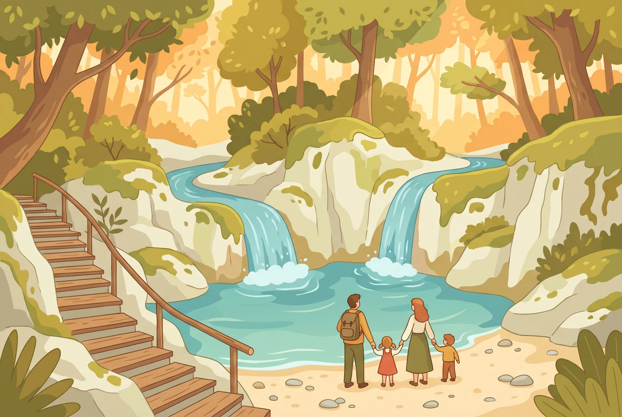 Illustration de la Tine de Conflens entre La Sarraz et Ferreyres : cirque rocheux où deux rivières se rejoignent par deux cascades, famille près de l'eau